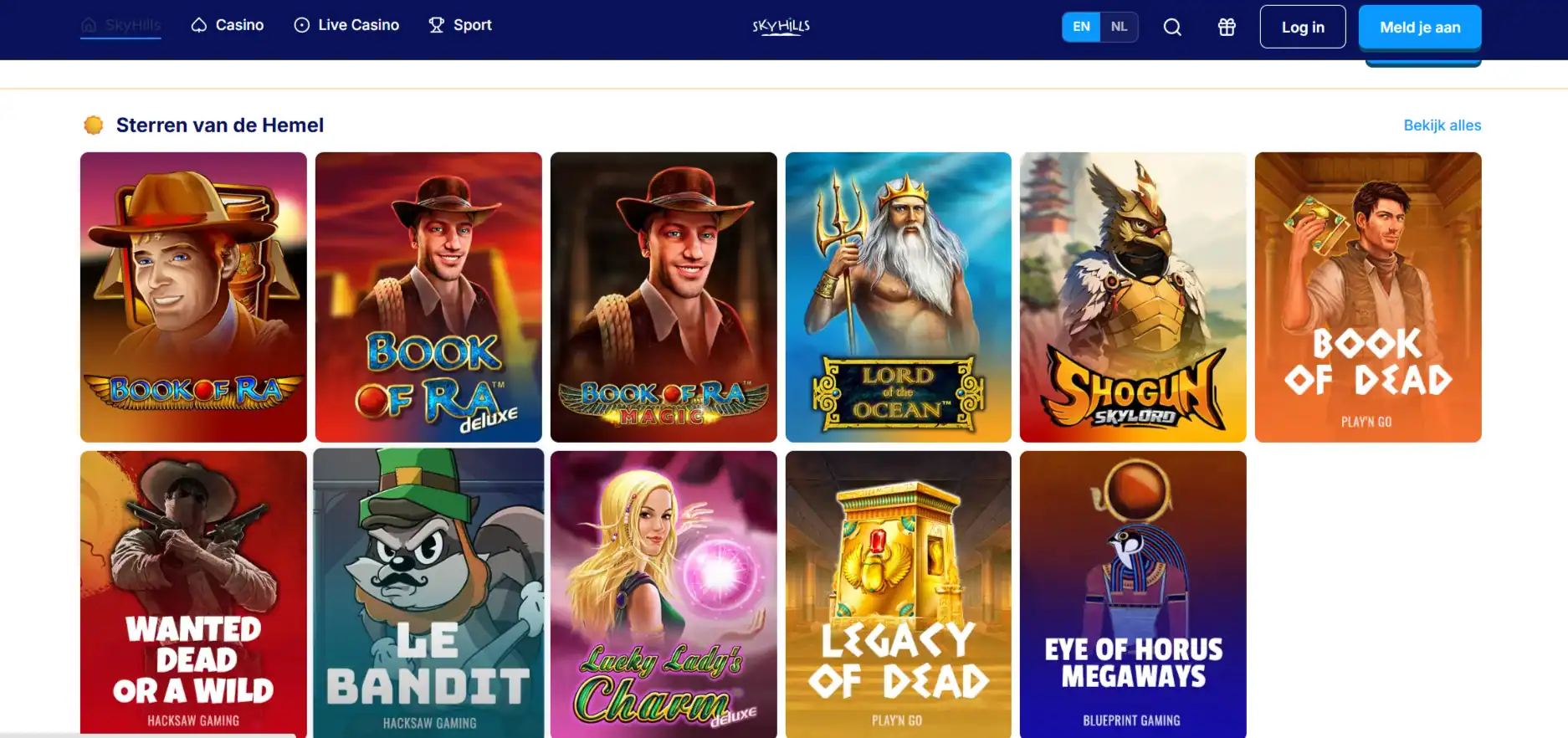 SkyHills-homepage met navigatie en casinoaanbod